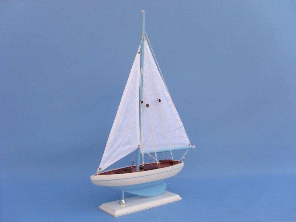 Pacific Sailer, Wood Sailing Boat Model, Blue Sails, 17", Light Blue and White