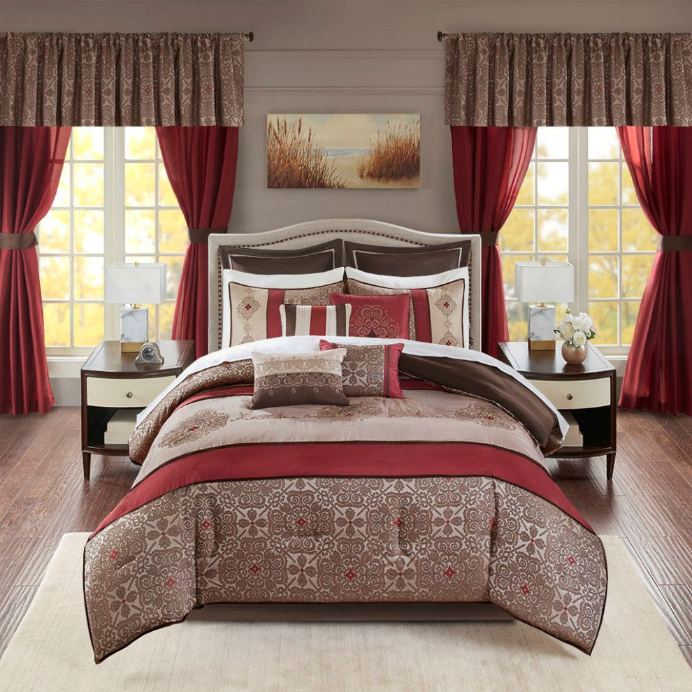 Madison Park Essentials Delaney 24-Piece Room-in-a-Bag Comforter Set, Red, Queen