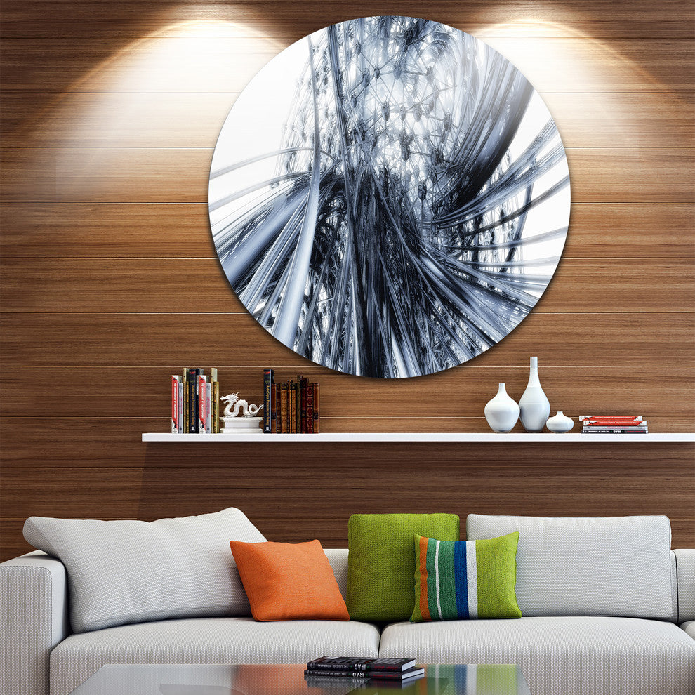 Fractal Black N White Connected Stripes, Art Round Metal Wall Art, 36"