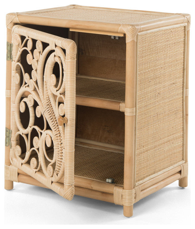 Rattan Peacock Nightstand, 1-Door, Opening Right, Natural