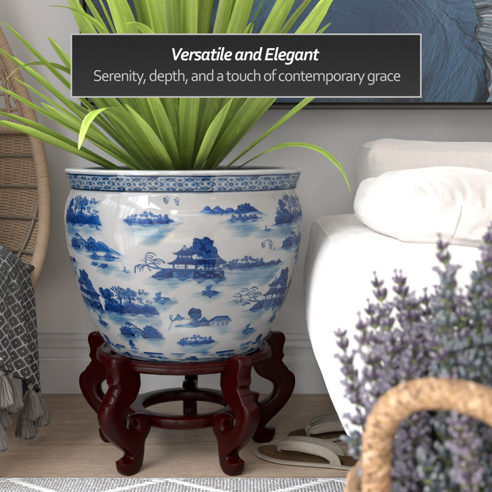 20" Porcelain Fishbowl Blue and White Landscape