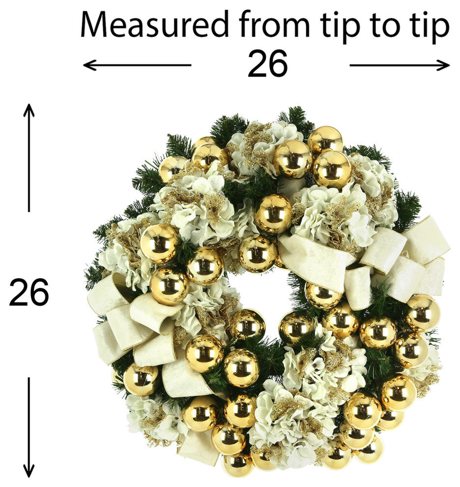26" Holiday Wreath with Hydrangeas, Ornaments and Velvet Bows