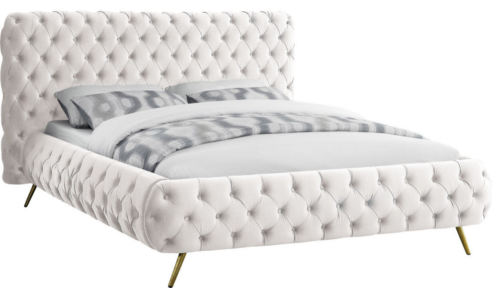 Delano Velvet Upholstered Bed, Cream, Queen