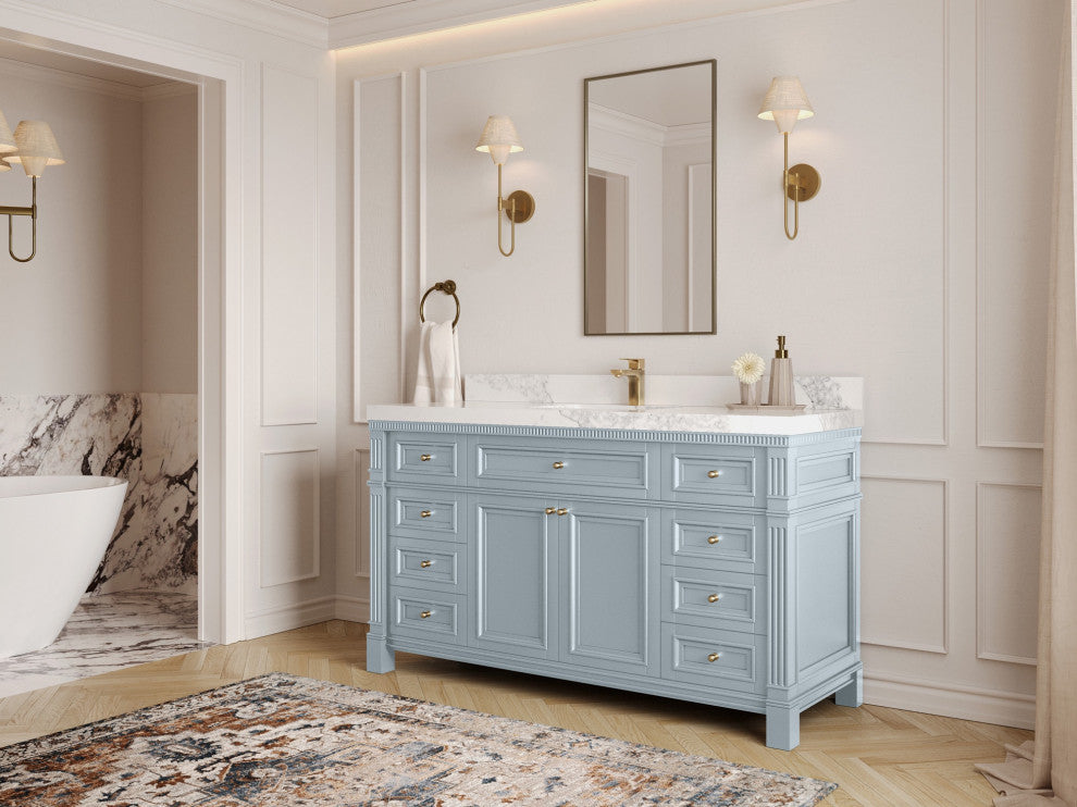 Paris 60" Single Sink Bathroom Vanity, Blue Heather 1.5" White Quartz