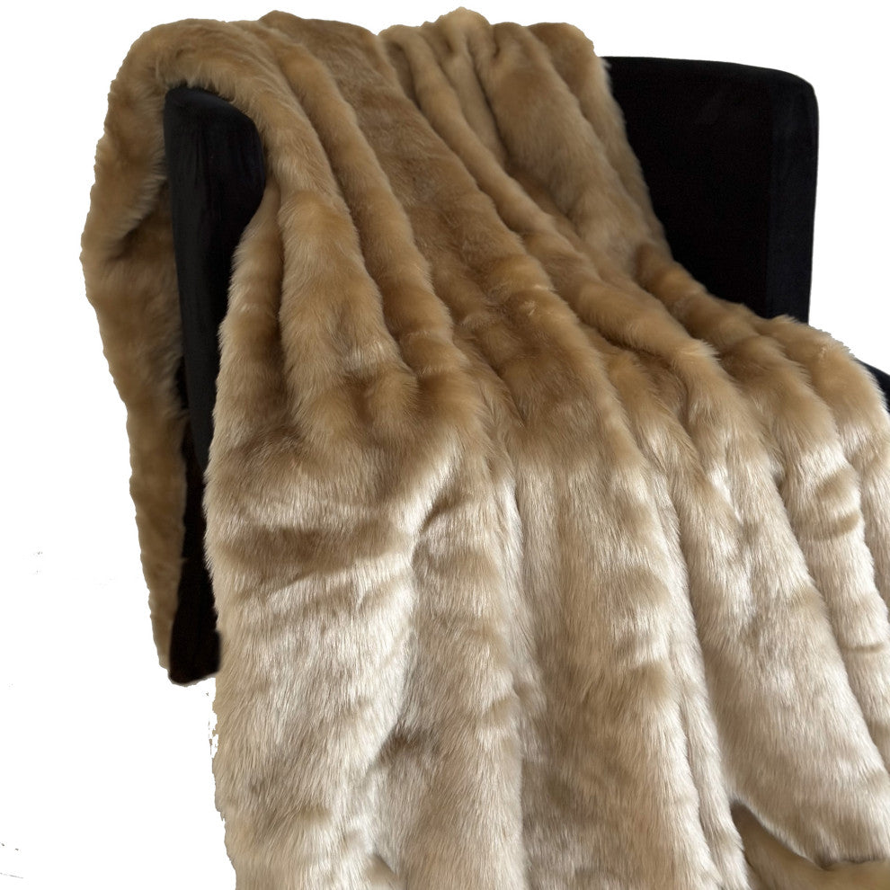 Plutus Brown Gold Rabbit Faux Fur Luxury Throw Blanket, Throw 36"W x 60"L
