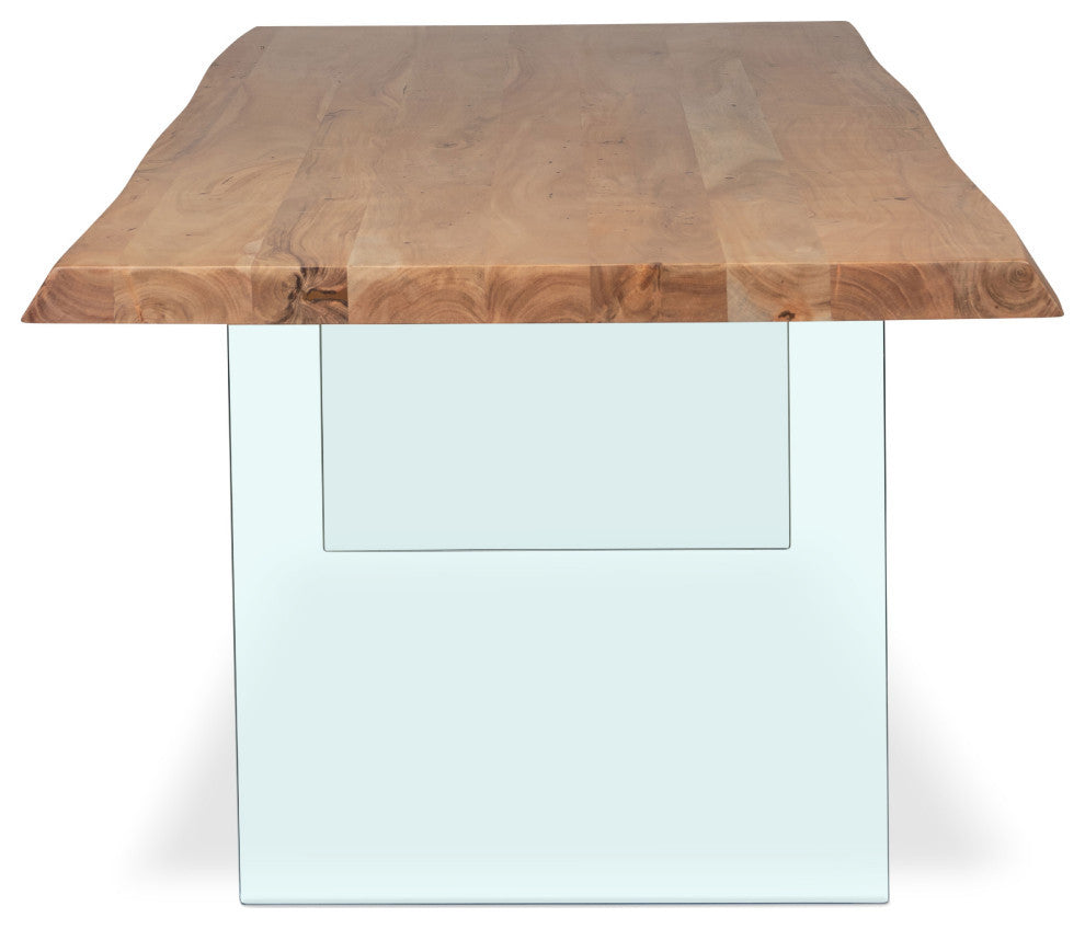 Brooks Dining Table, Glass Base, Teak Top, Clear Glass Base, 40"x116"