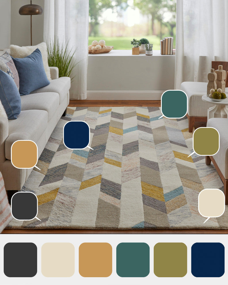Weave & Wander Oria Tufted Blue/Ivory Rug, Gray/Gold, 5' X 8'
