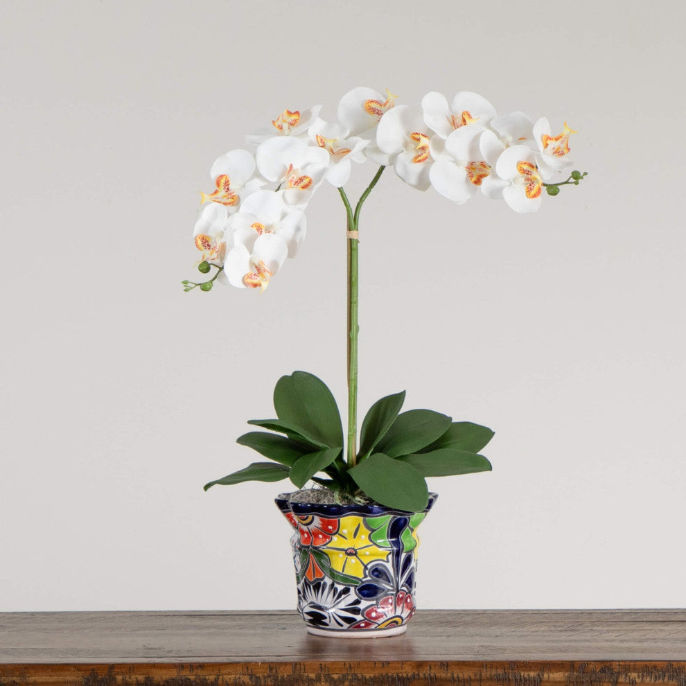 26in Faux Double Orchid Arrangement, Handmade Mexican Talavera Ceramic Planter