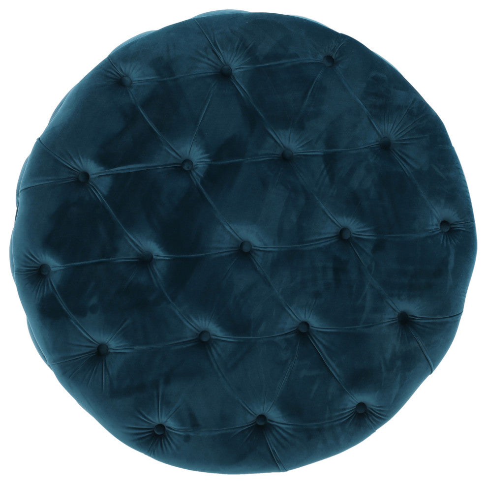 GDF Studio Maelyn Modern Glam Tufted Velvet Round Ottoman, Teal