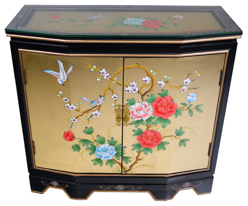 Slant Front Gold Leaf Hand-Painted Bird and Flower 2-Door Cabinet