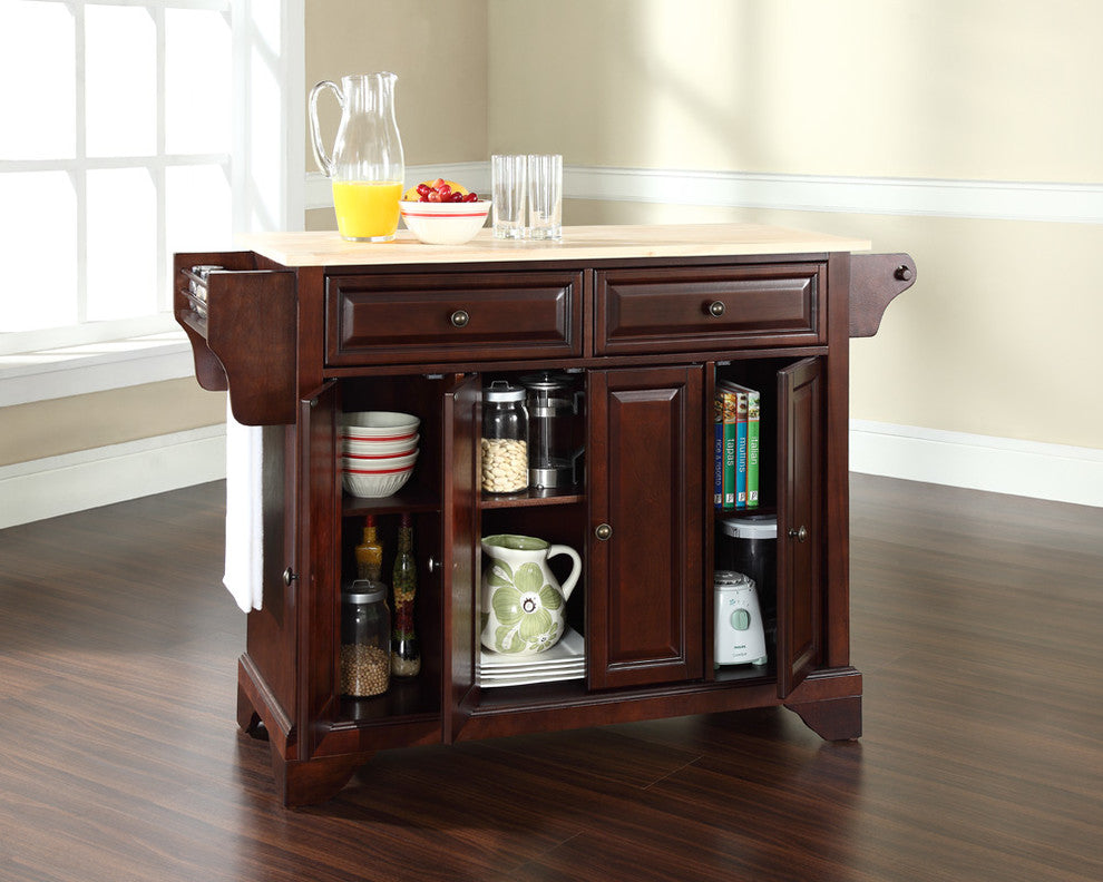 Crosley Furniture LaFayette Natural Wood Top Kitchen Island in Mahogany