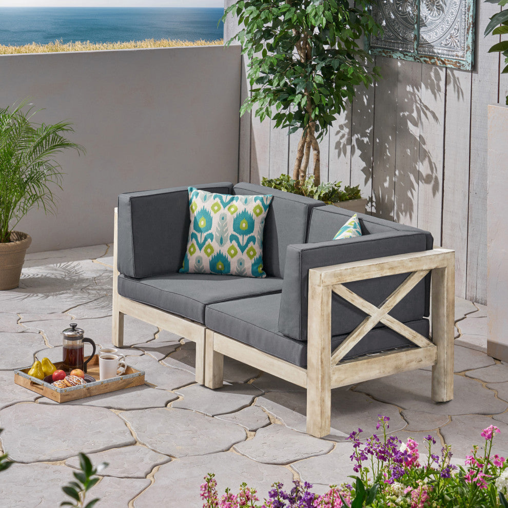 Andrew Outdoor Modular Acacia Wood Loveseat With Cushions