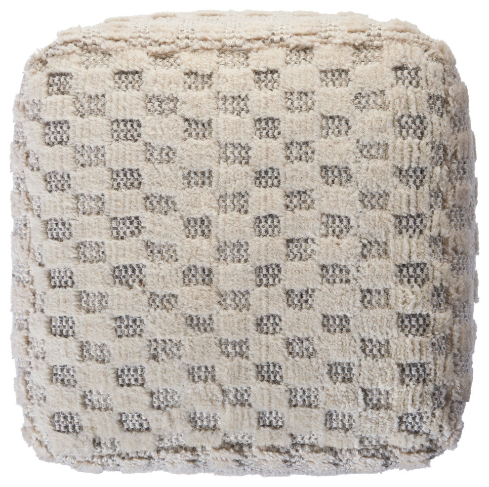Cream Tufted Checkered Geometric Pouf