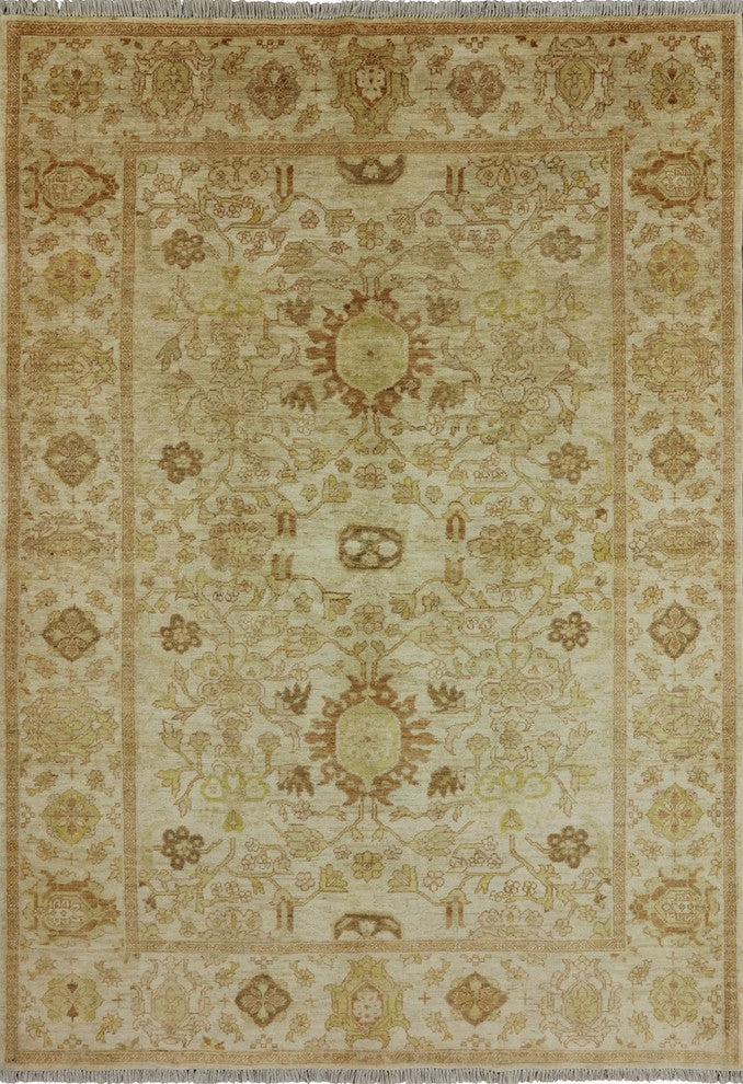 Oushak Oriental Ivory Hand-Knotted Peshawar Chobi Wool Rug, 6'x9'