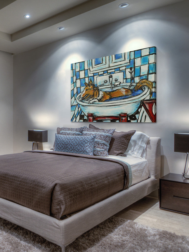 "Sheltie Bath" Painting Print on Wrapped Canvas, 18"x12"