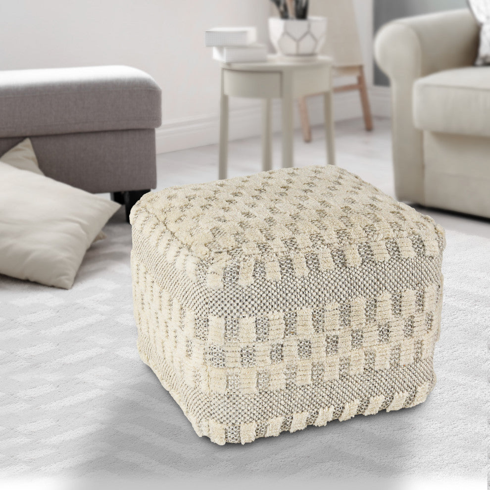 Cream Tufted Checkered Geometric Pouf
