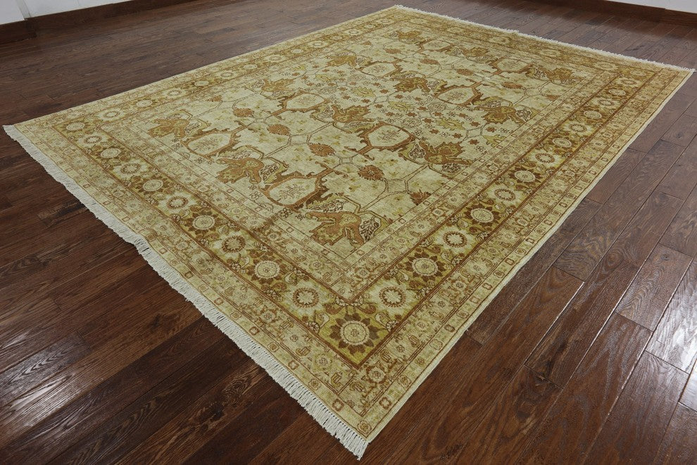 Ivory Chobi Oushak Style Peshawar Quality Hand-Knotted Wool Rug, 9'x12'
