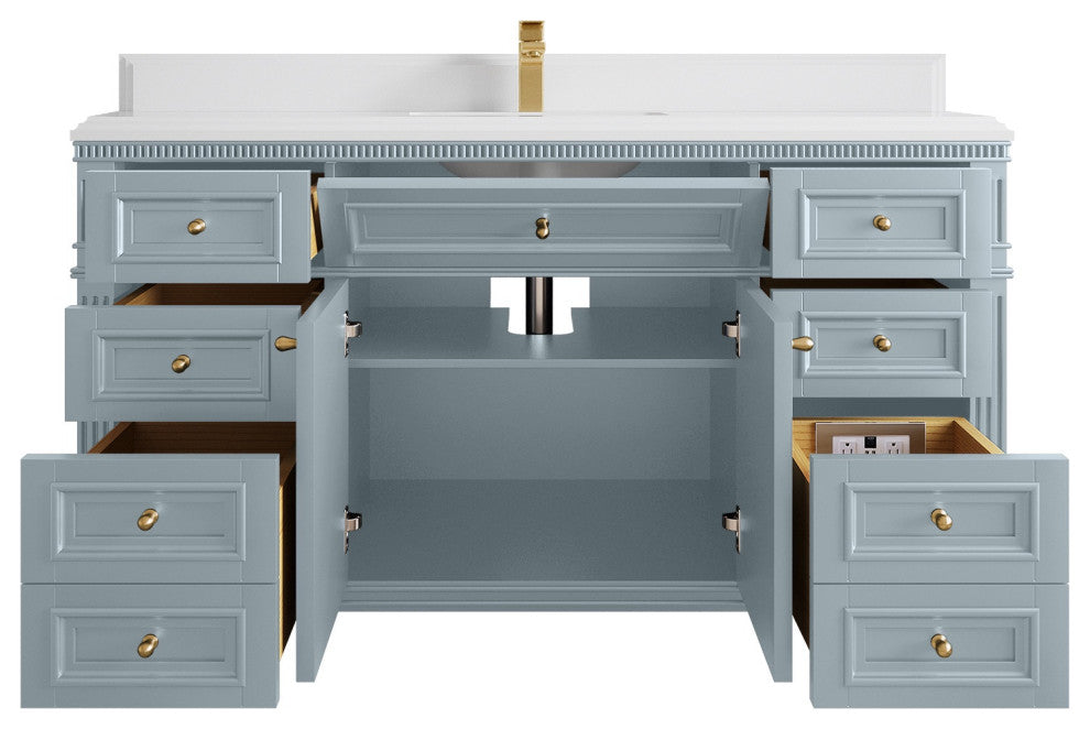 Paris 60" Single Sink Bathroom Vanity, Blue Heather 1.5" White Quartz