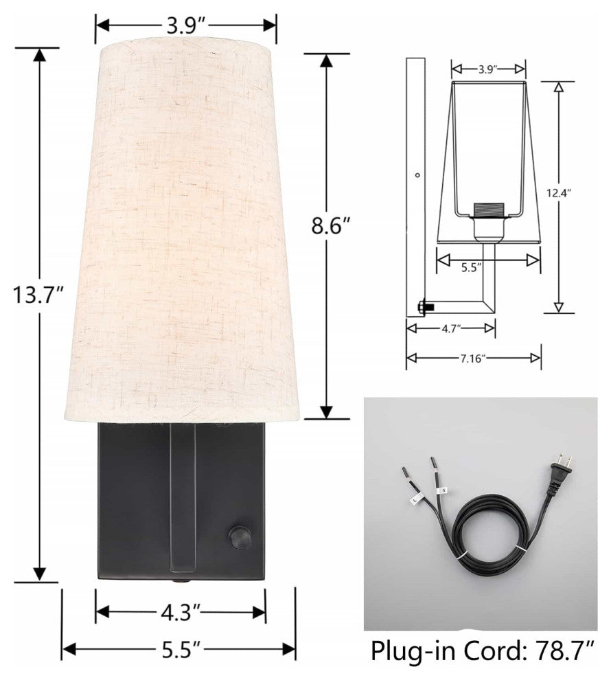 Dimmable Plug, Fabric Wall Lamps Set of Two,Black