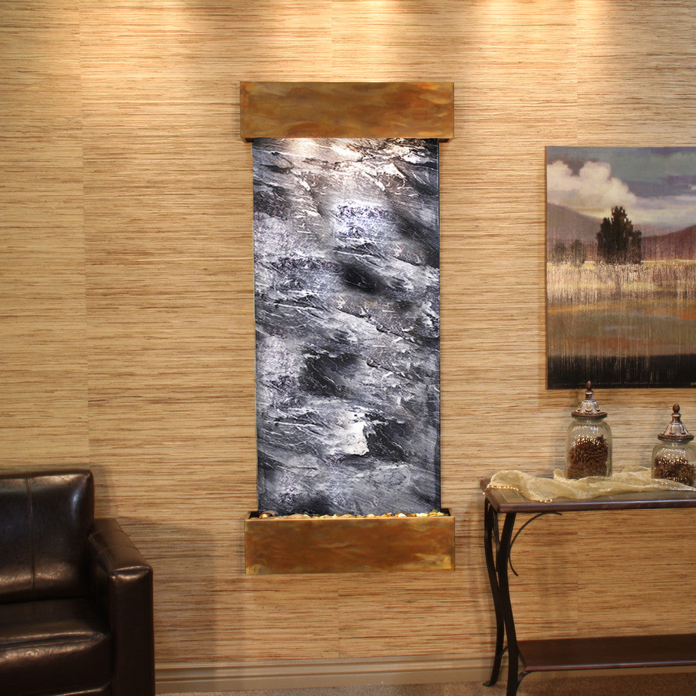 Inspiration Falls Water Fountain, Black Spider Marble, Rustic Copper, Square