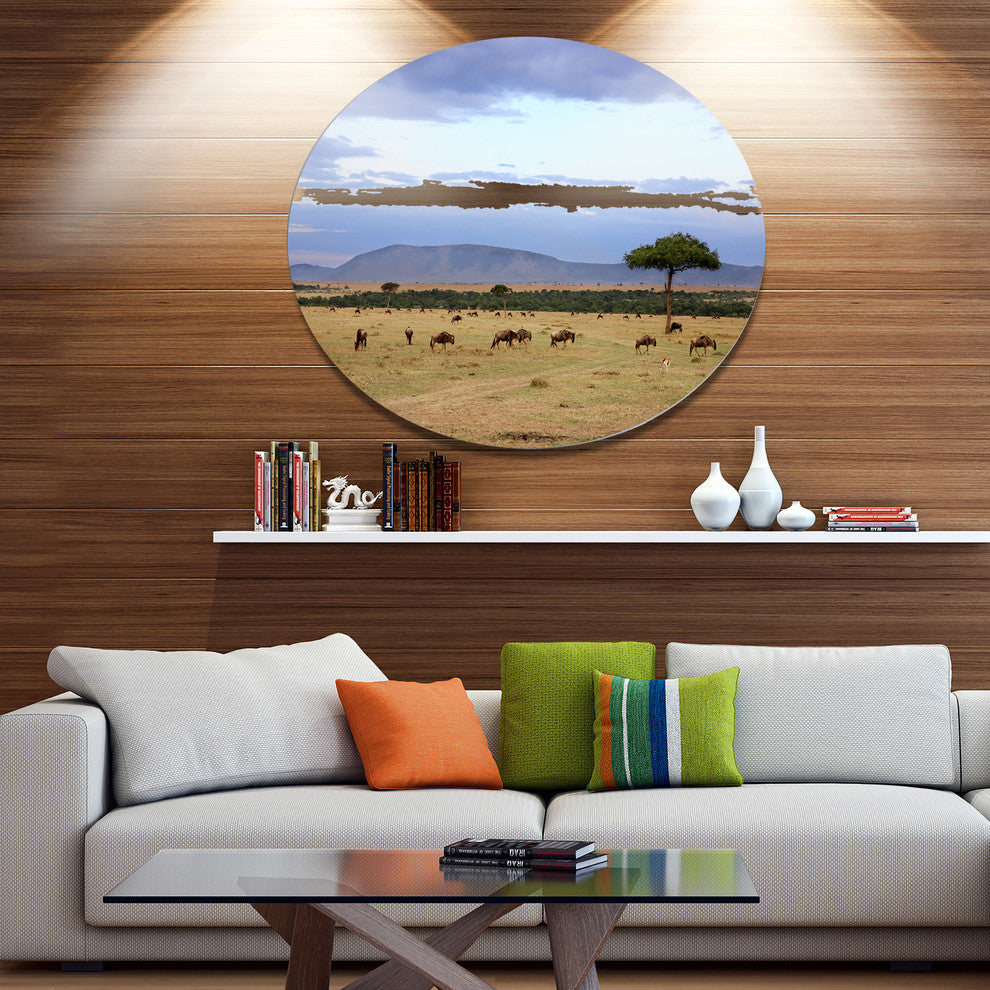 Wildebeest Herd In Masai Mara, African Landscape Round Artwork, 36"