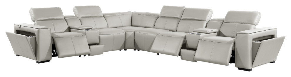 Niccolo Italian Leather 8-Piece L-Shaped Power Reclining Sectional, Light Gray