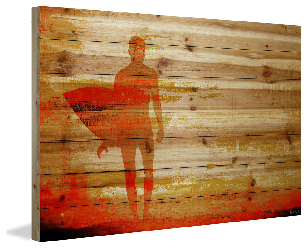 "Dusk Red Surf" Painting Print on Natural Pine Wood, 45"x30"