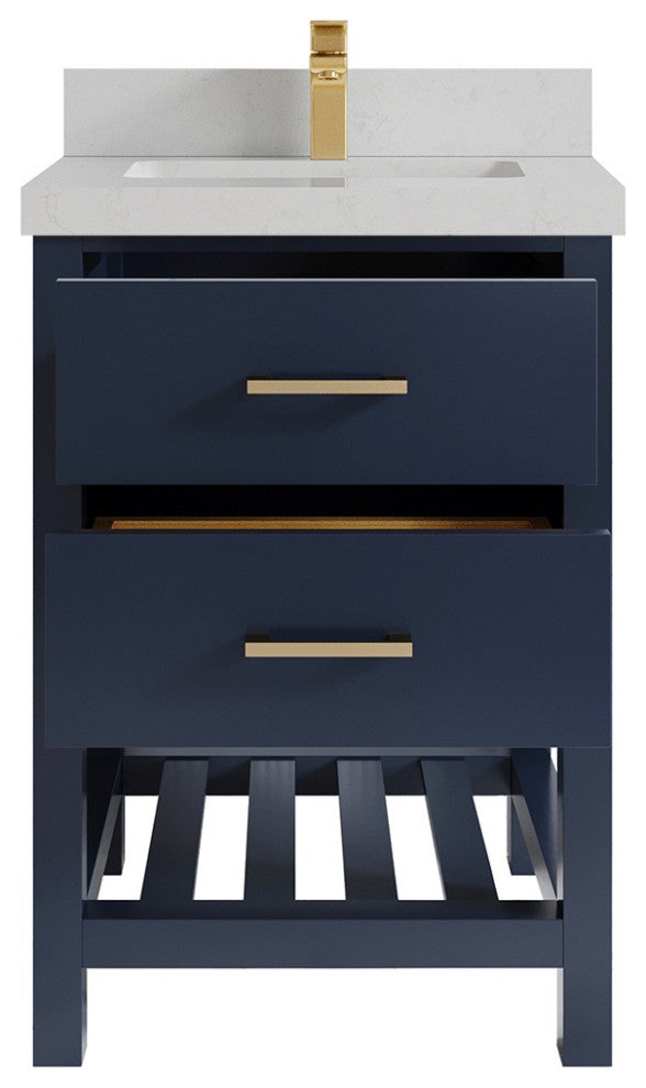 Parker 24" Single Sink Bath Vanity, Navy Blue 2" Carrara Quartz