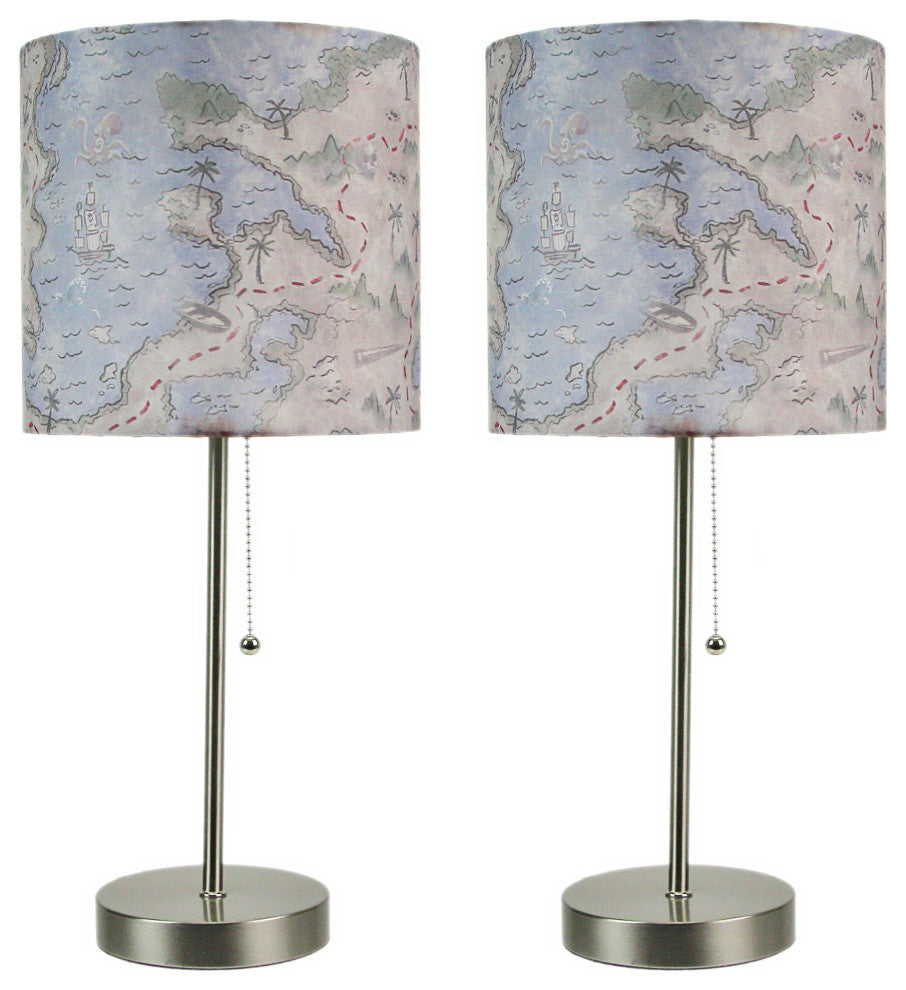 Decorative Treasure Map Brushed Nickel Accent Lamp Coastal Pirate Beach Set of