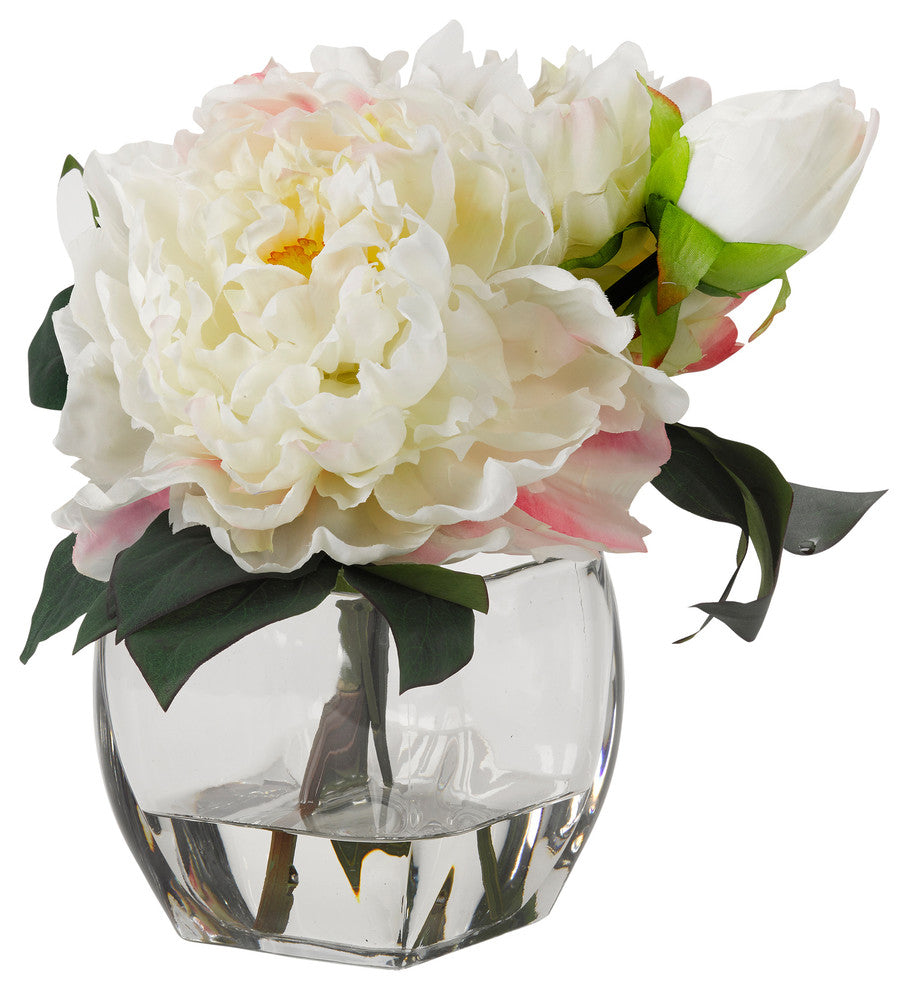 Cream peonies in glass cube