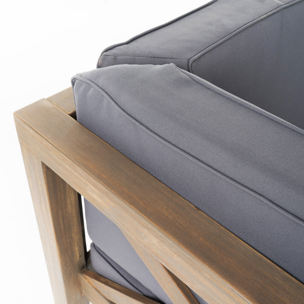 GDF Studio Brava Outdoor 4 Piece V-Shaped Acacia Wood Sectional Sofa Set, Dark Gray