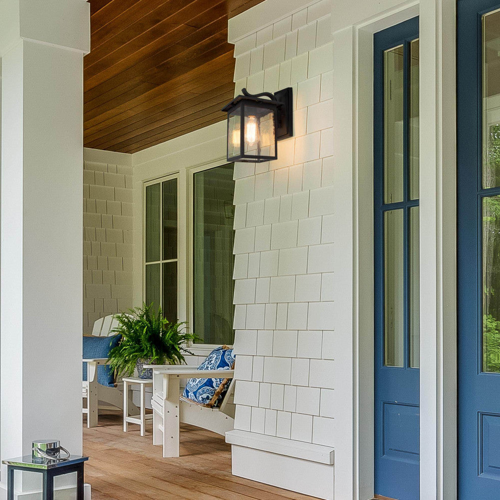 LNC 1-Light Trasitional Seeded Glass Matte Sand Black Square Outdoor Lighting