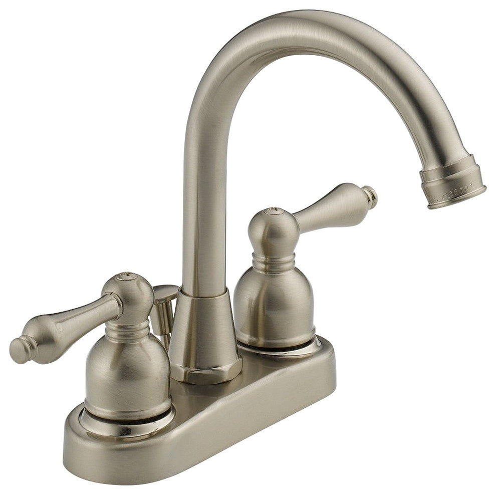 4" Centerset 2-Handle High-Arc Bathroom Faucet, Satin Nickel With Drain