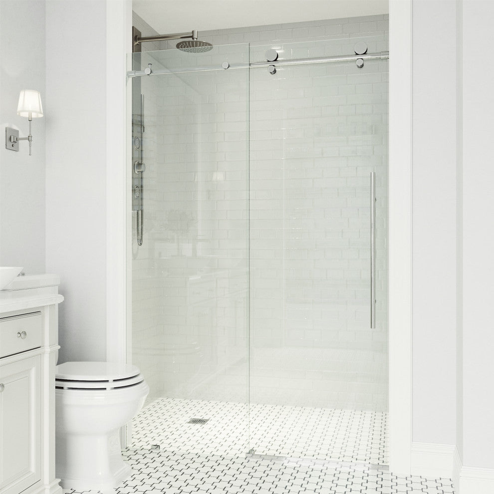 VIGO Elan E-Class 68" to 72" W x 76" H Frameless Sliding Shower Door, Chrome, Clear Glass