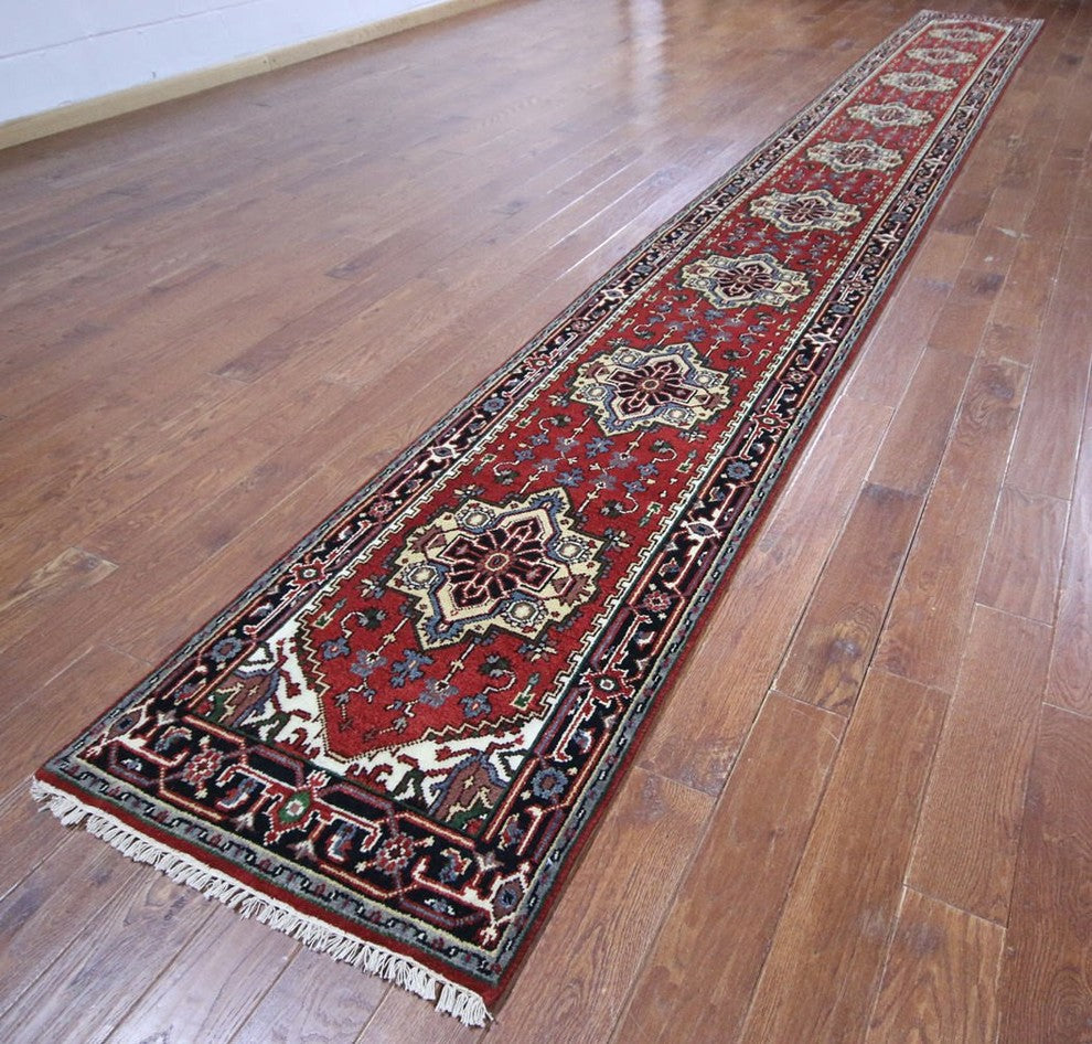 Heriz Serapi Red and Black Hand-Knotted Wool Rug, 3'x20'