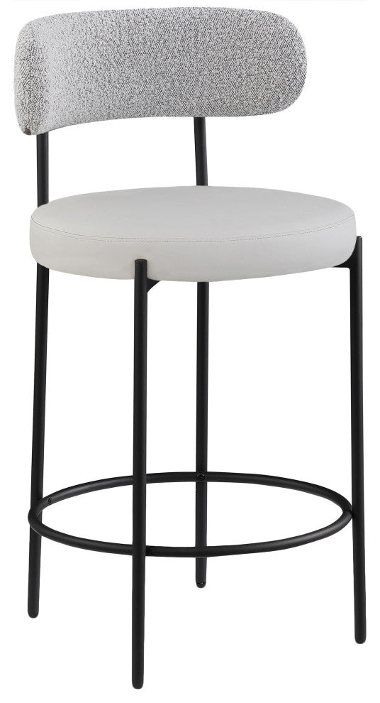 Beacon Upholstered Stool, Set of 2, Taupe, Matte Black Finish, Vegan Leather and Boucle Fabric