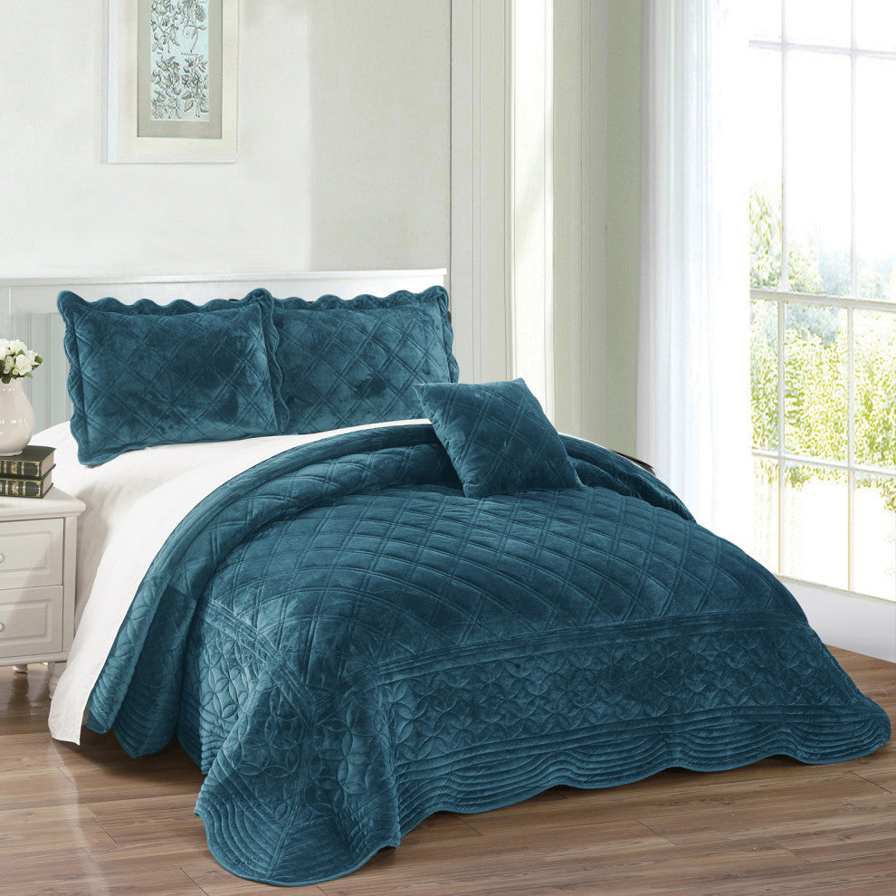 Supersoft Microplush Quilted 4-Piece Bed Spread Set, Blue Sapphire, Queen
