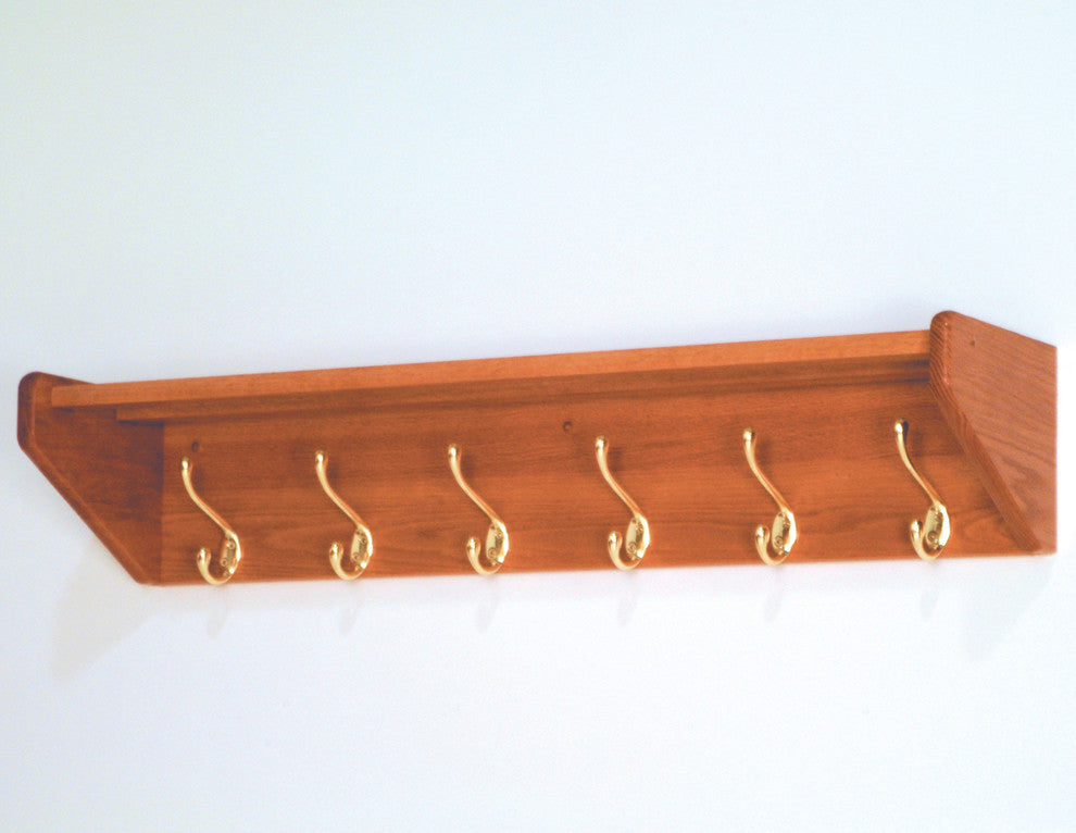 Wooden Mallet Hat and Coat Rack with 6 Brass Hooks in Medium Oak