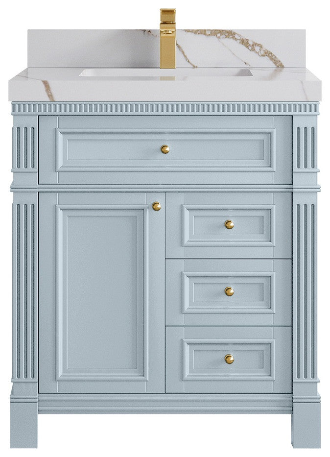 Paris 30" Single Sink Bathroom Vanity, Blue Heather 2" Calacatta Gold