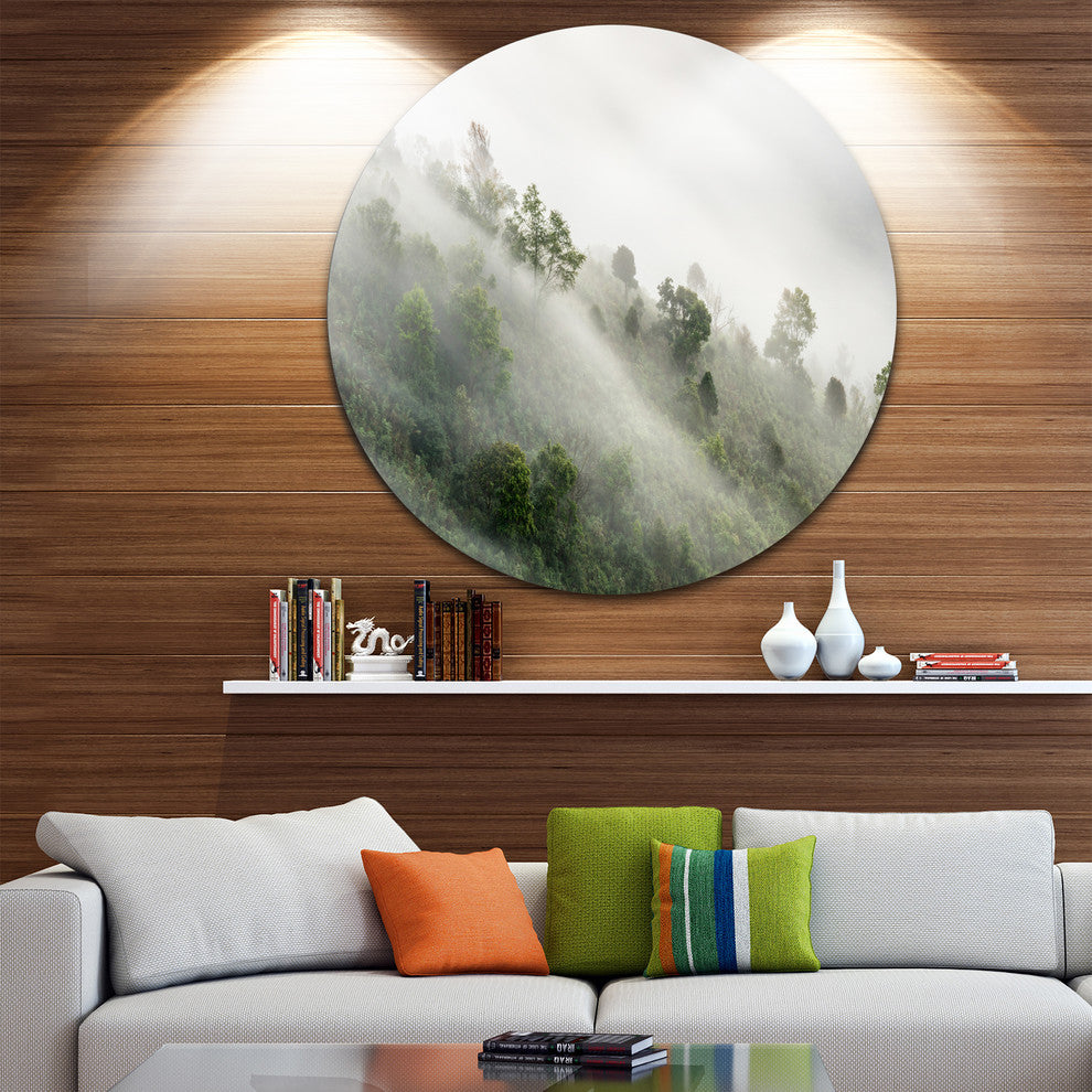 Mystical Foggy Mountain Slope, Landscape Photo Round Wall Art, 11"