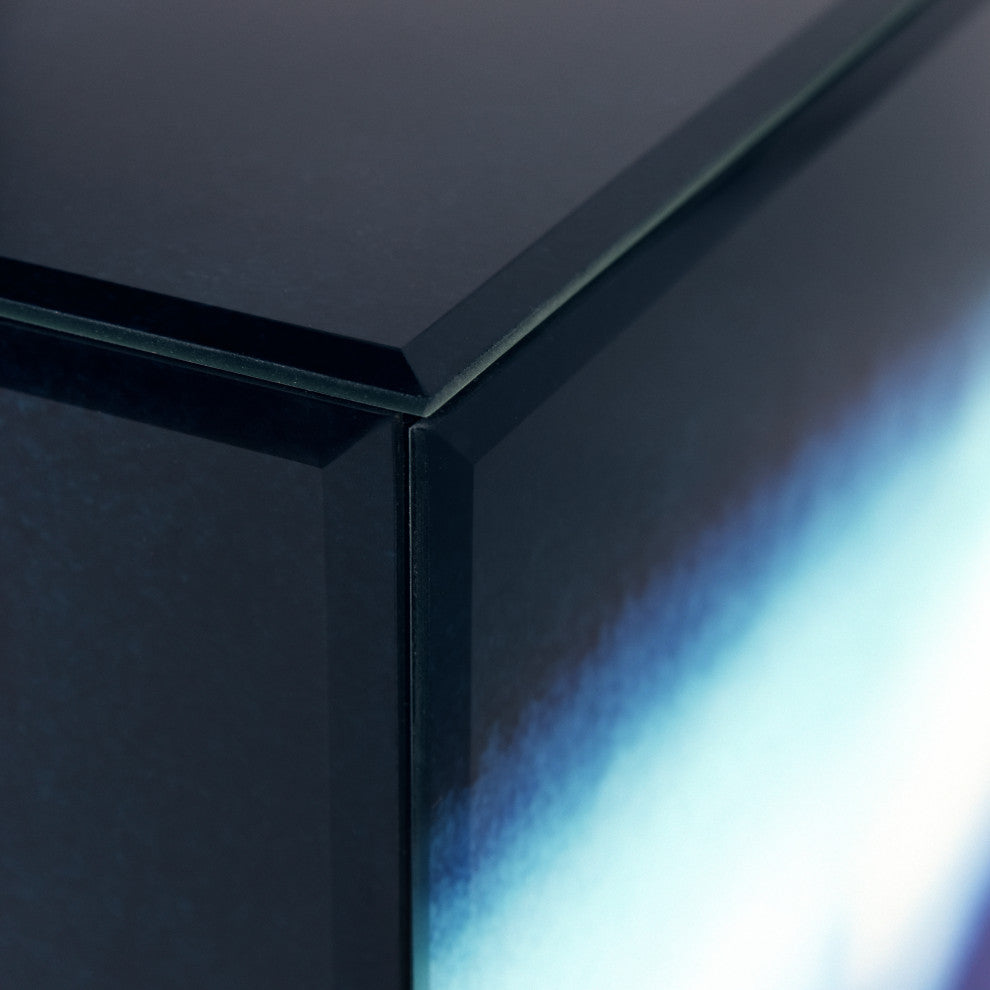 "Blue Run Off" Reverse Printed Glass Side Table with Black Plinth Base Set of 2