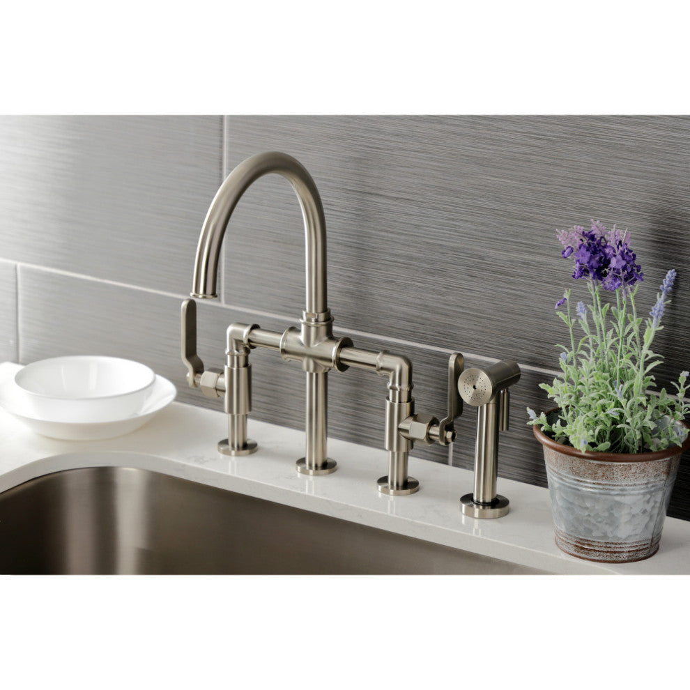 Industrial Style Bridge Kitchen Faucet and Brass Sprayer, Brushed Nickel