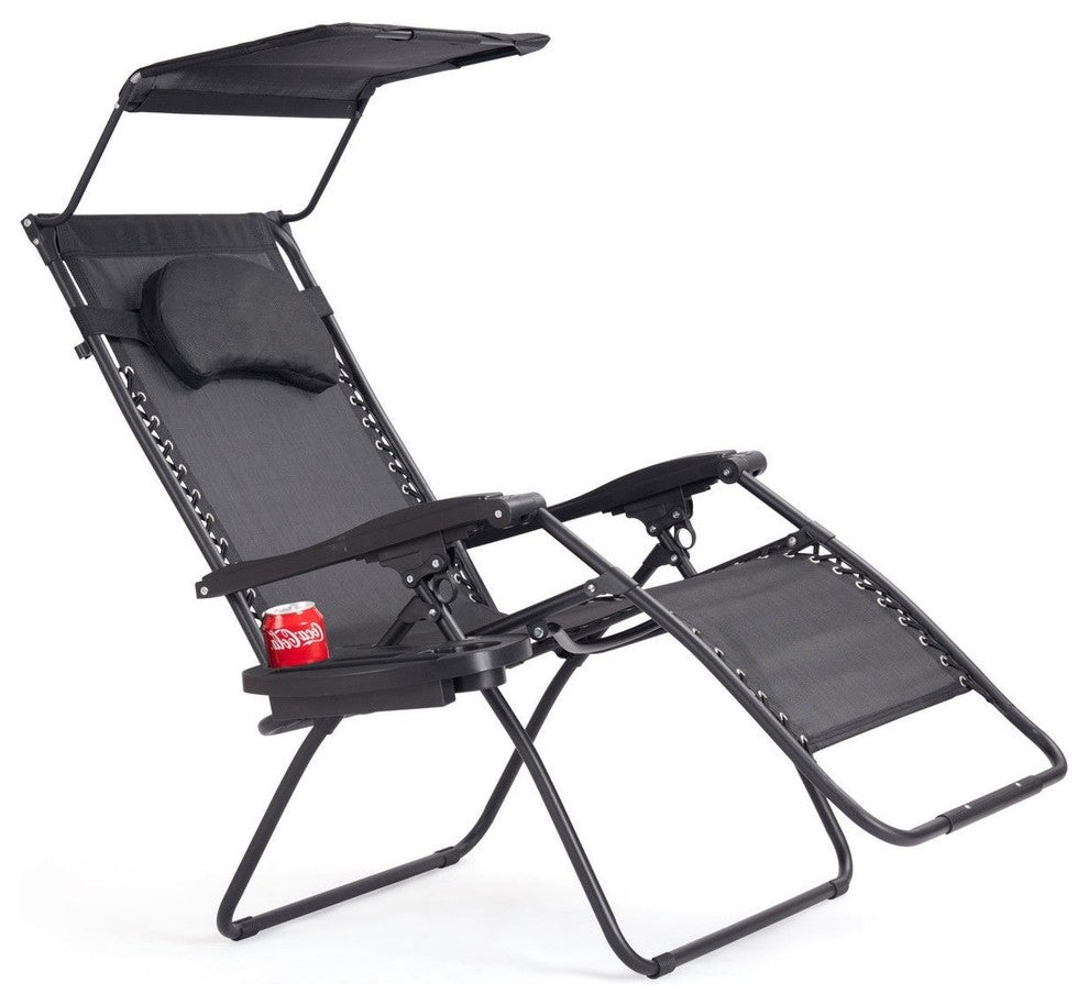 Folding Recliner Lounge Chair With Shade Canopy Cup Holder, Black