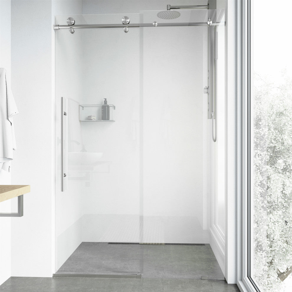 VIGO Elan E-Class 44" to 48" W x 76" H Frameless Sliding Shower Door, Stainless Steel, Clear Glass