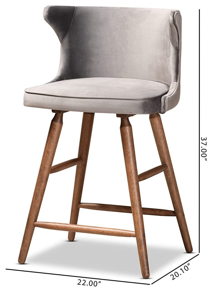Set of 2 Counter Stool, Velvet Seat & Curved Back With Jewelry Tufting, Grey