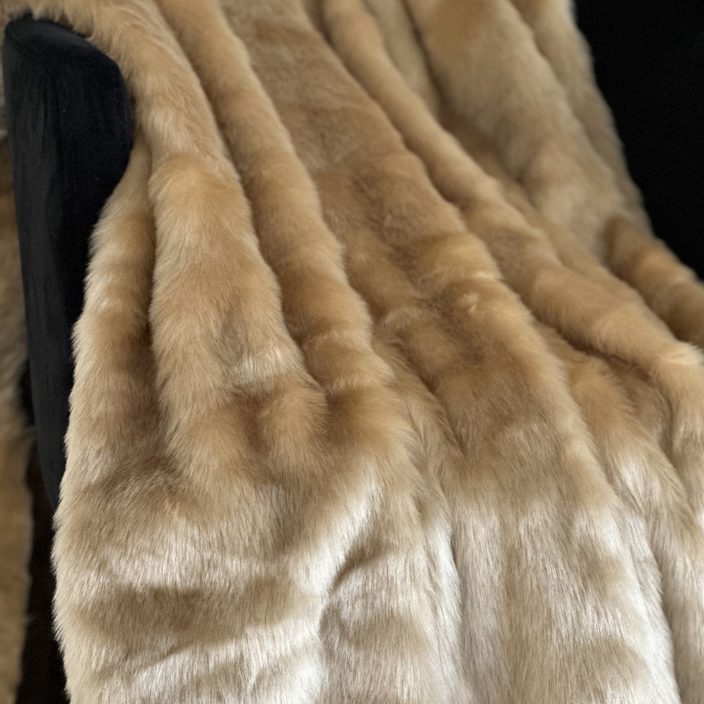 Plutus Brown Gold Rabbit Faux Fur Luxury Throw Blanket, Throw 36"W x 60"L