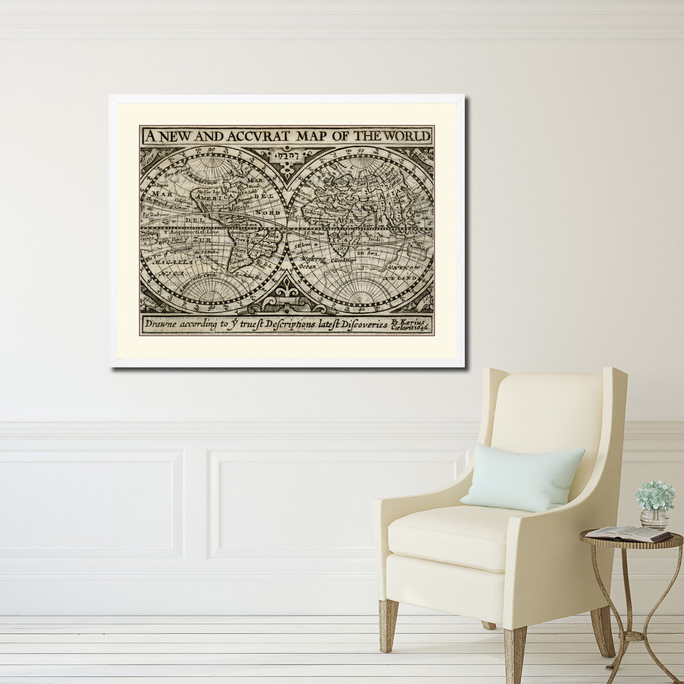 The World Vintage Old Map Print On Canvas With Picture Frame 28" X 37"