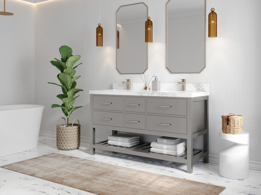 Parker 60 Double Sink Bathroom Vanity in Elephant Skin Gray  2" Viola Brown