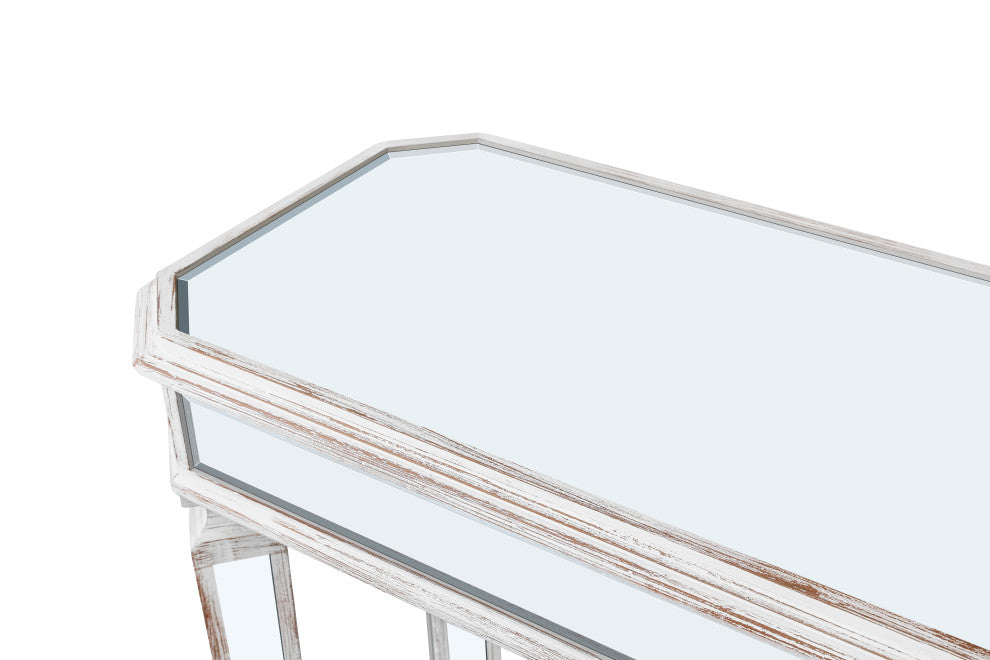 GDF Studio 48" Vintage Mirror Console Table With Wood Grain Carving, Oak/Silver