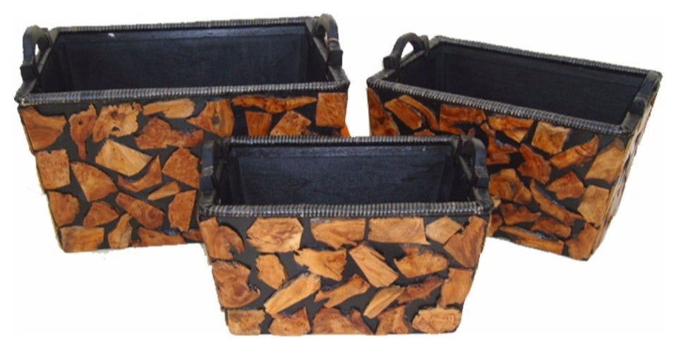 Set Of Three Wooden Planter, Brown And Black